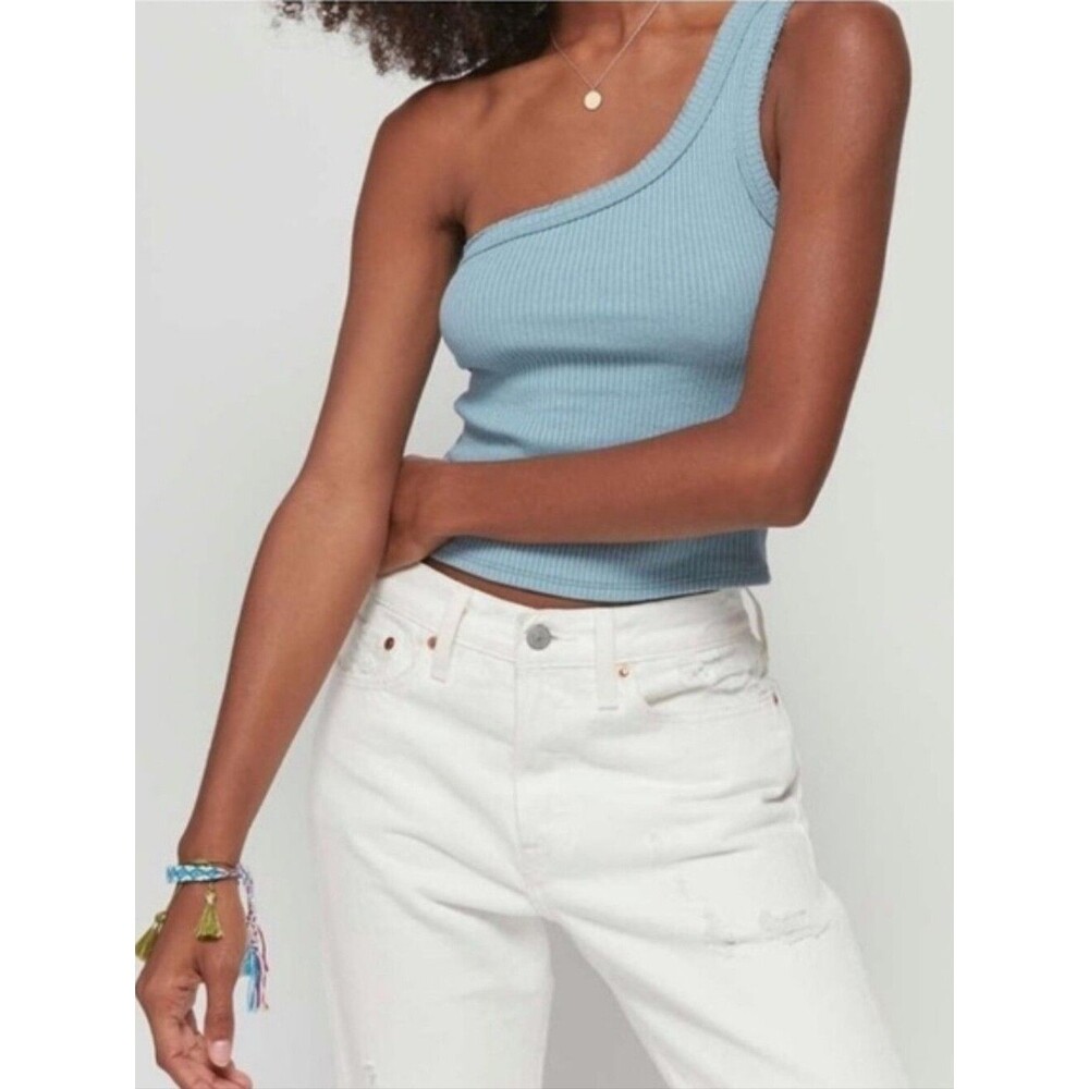Urban Outfitters One-Shoulder Ribbed Crop Top - Light Blue size S